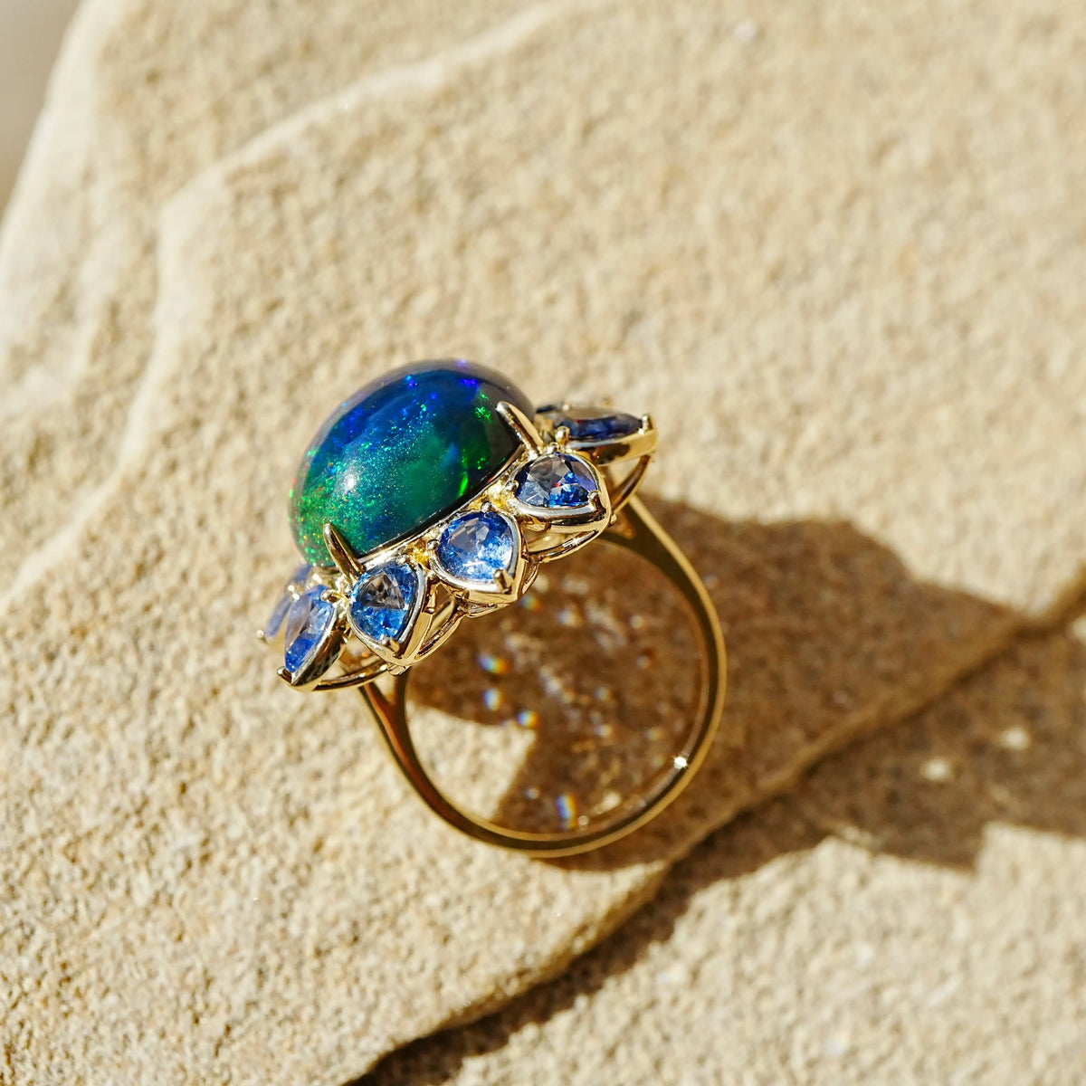 14k yellow gold Bloom Halo 9.69 ctw Natural Opal & Sapphire East-West Ring (One-of-a-Kind)