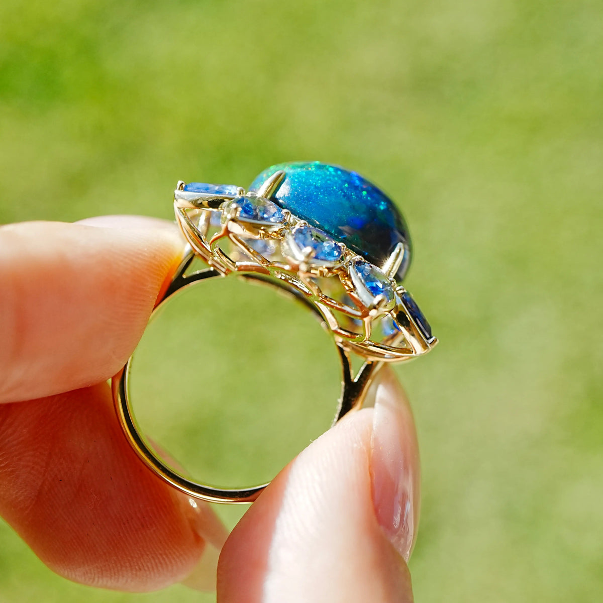 14k yellow gold Bloom Halo 9.69 ctw Natural Opal & Sapphire East-West Ring (One-of-a-Kind)