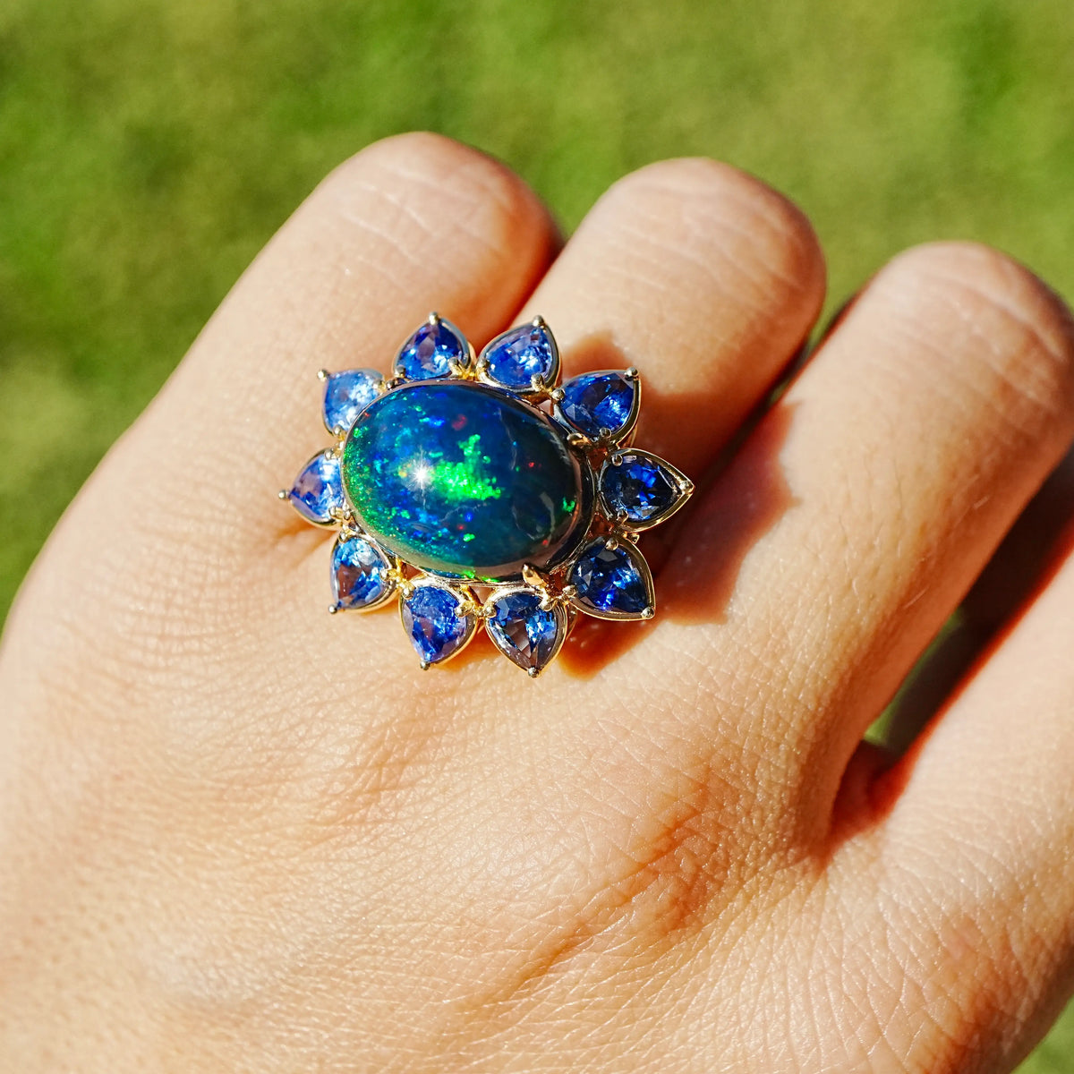 14k yellow gold Bloom Halo 9.69 ctw Natural Opal & Sapphire East-West Ring (One-of-a-Kind)
