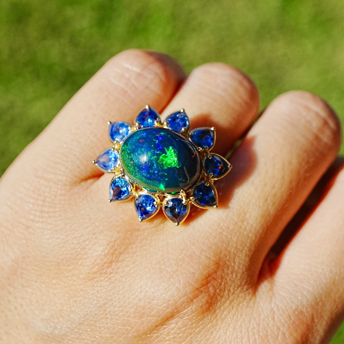 14k yellow gold Bloom Halo 9.69 ctw Natural Opal & Sapphire East-West Ring (One-of-a-Kind)