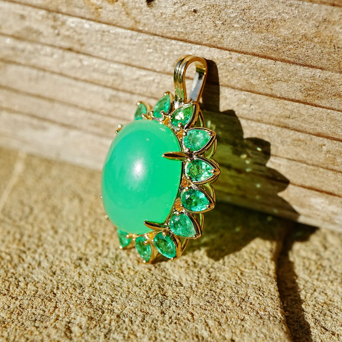 14k yellow gold Bloom Halo 13.02 ctw Natural Australian Chrysoprase & Emerald Diamond Lock Paperclip Chain Necklace (One-of-a-Kind)