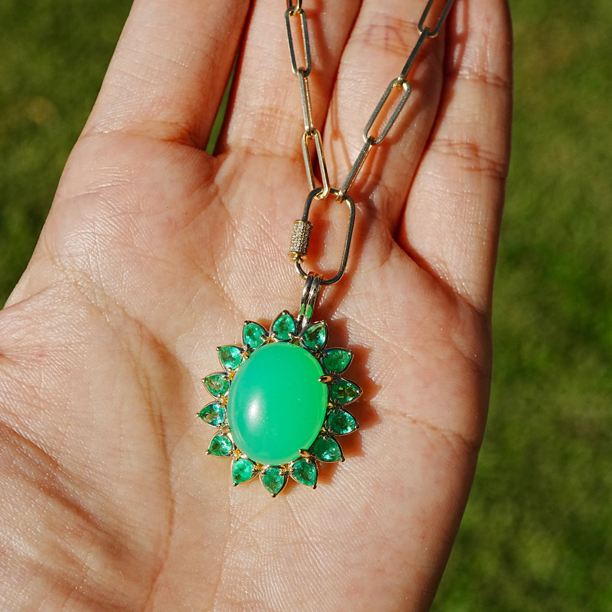 14k yellow gold Bloom Halo 13.02 ctw Natural Australian Chrysoprase & Emerald Diamond Lock Paperclip Chain Necklace (One-of-a-Kind)