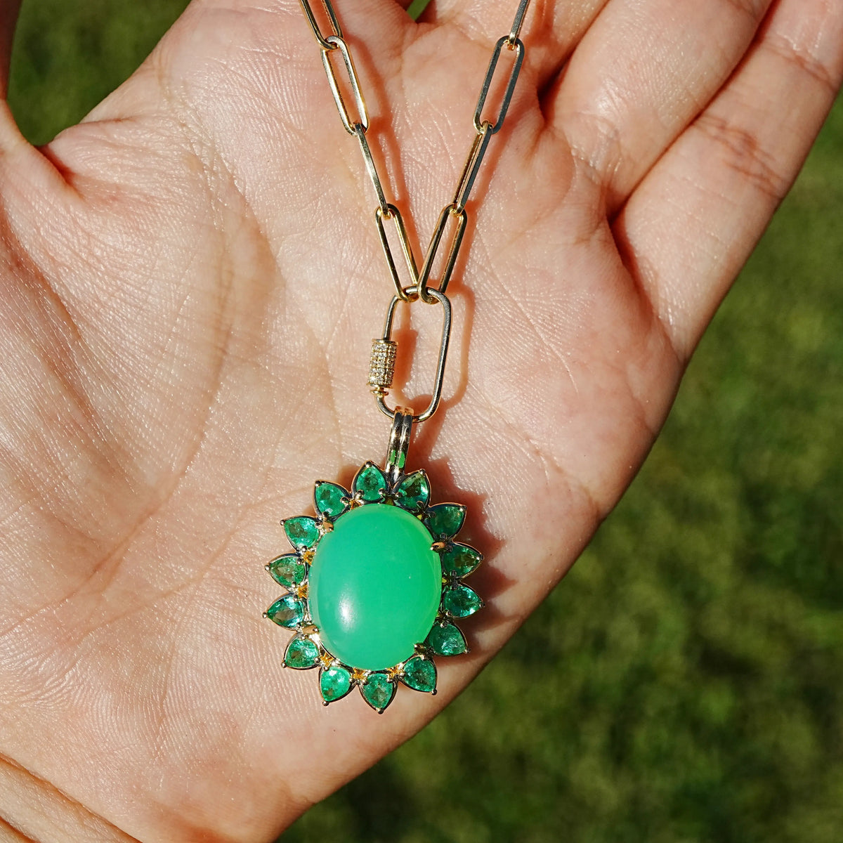 14k yellow gold Bloom Halo 13.02 ctw Natural Australian Chrysoprase & Emerald Diamond Lock Paperclip Chain Necklace (One-of-a-Kind)