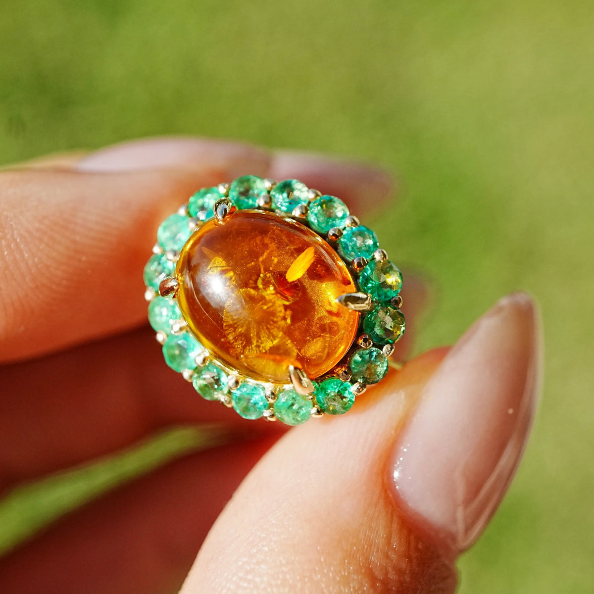 14k yellow gold Eden Halo 2.69 ctw Natural Amber & Emerald East-West Ring (One-of-a-Kind)