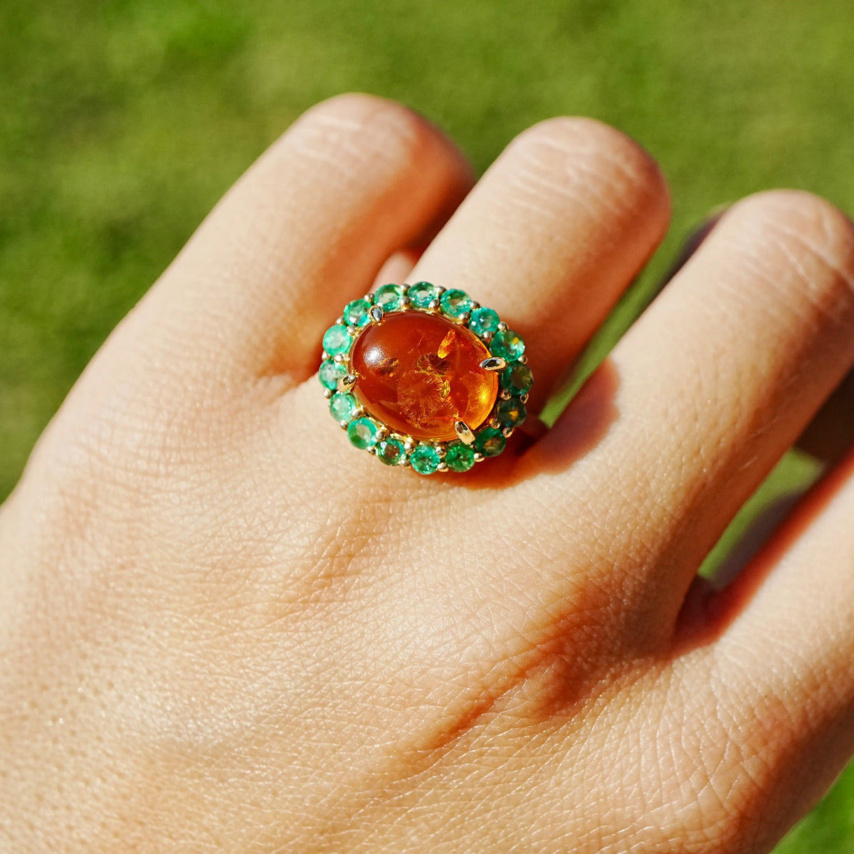 14k yellow gold Eden Halo 2.69 ctw Natural Amber & Emerald East-West Ring (One-of-a-Kind)