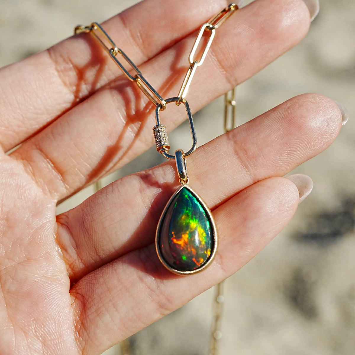 14k yellow gold Vivid Glance 3.97ct Natural Black Opal Diamond Lock Paperclip Chain Necklace (One-of-a-Kind)