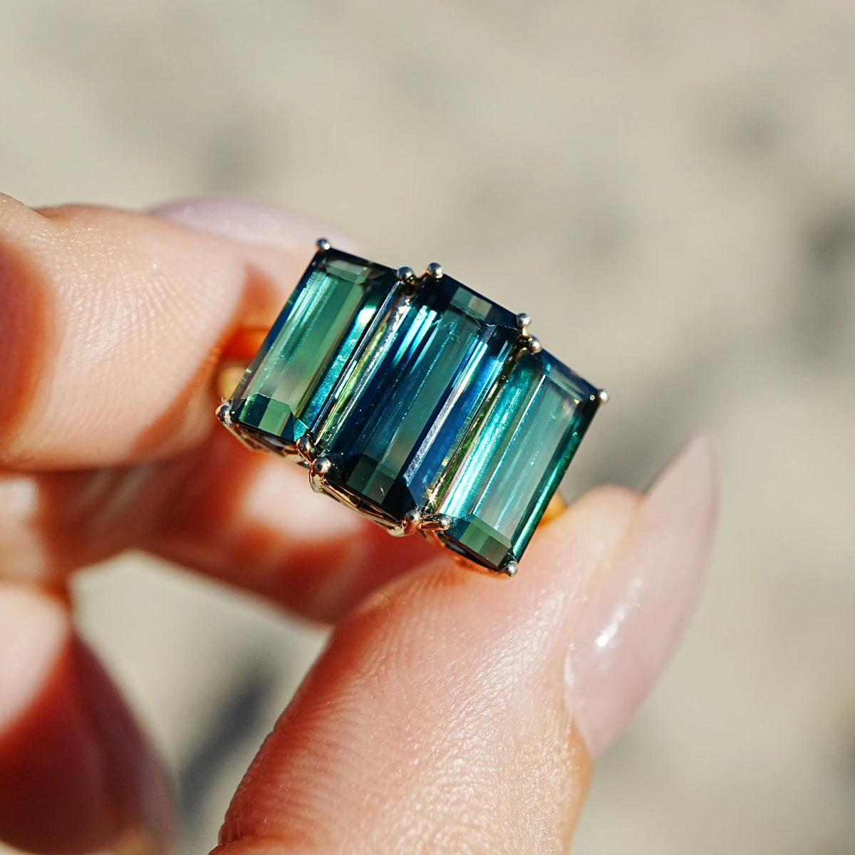 14k yellow gold Eden Trio 4.91 ctw Natural Teal Blue-Green Tourmaline Three-Stone Ring (One-of-a-Kind)
