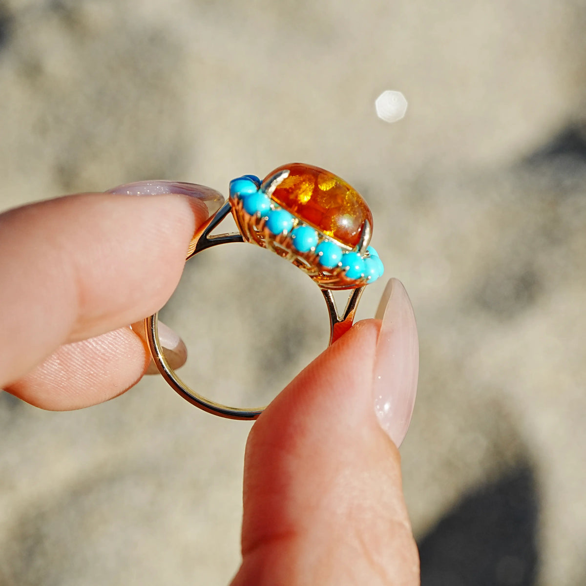 14k yellow gold Eden Halo 3.14 ctw Natural Golden Amber & Turquoise East-West Ring (One-of-a-Kind)