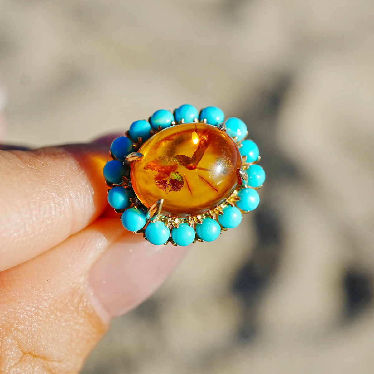 14k yellow gold Eden Halo 3.14 ctw Natural Golden Amber & Turquoise East-West Ring (One-of-a-Kind)