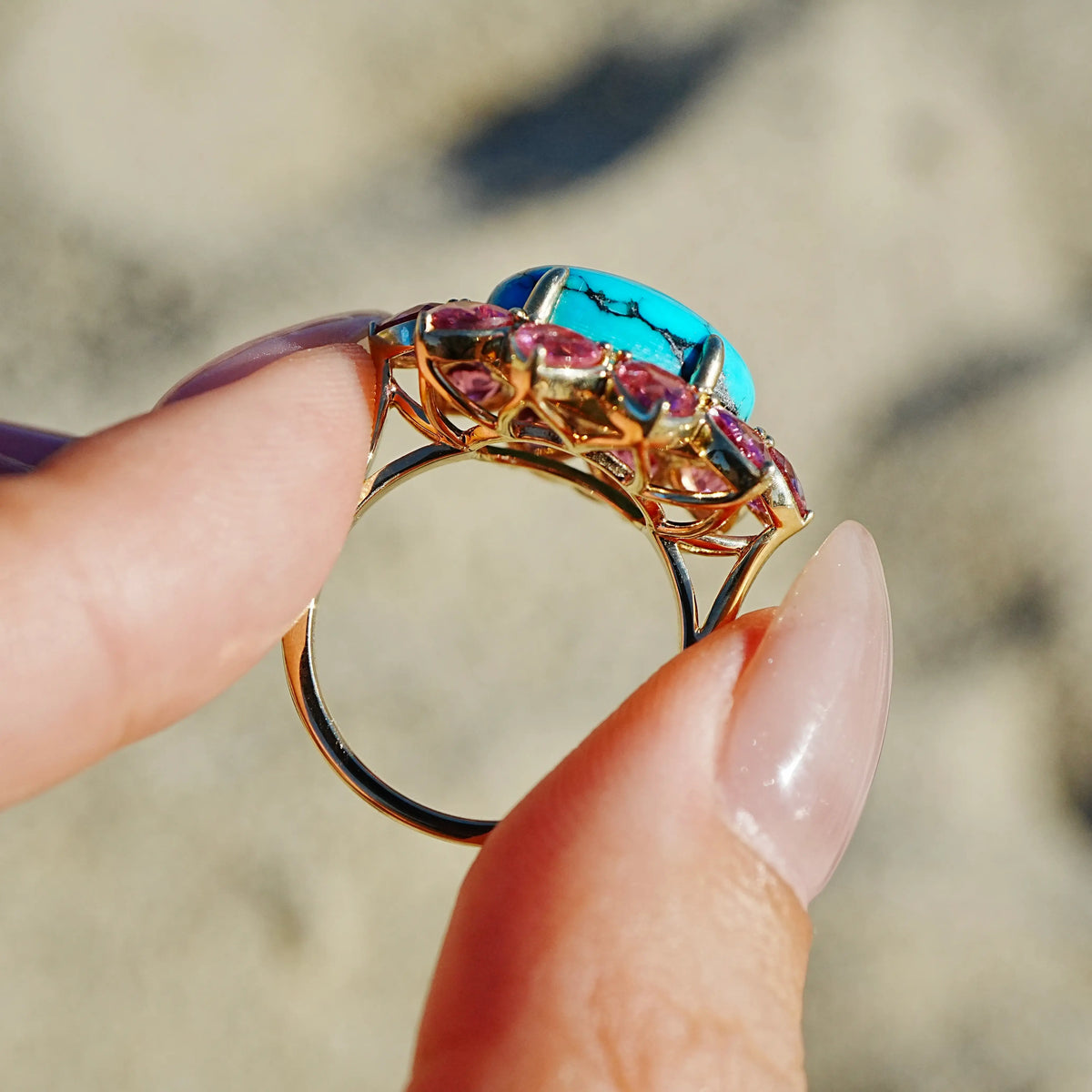 14k yellow gold Bloom Halo 6.15 ctw Natural Turquoise & Pink Tourmaline East-West Ring (One-of-a-Kind)