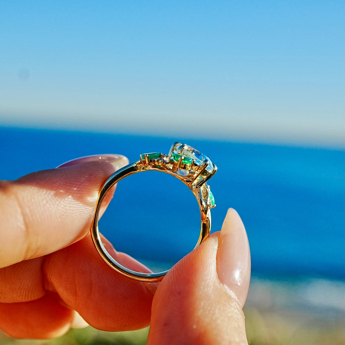 14k yellow gold Enchanted Vine 2.83 ctw Natural Aquamarine, Emerald & Diamond Ring (One-of-a-Kind)