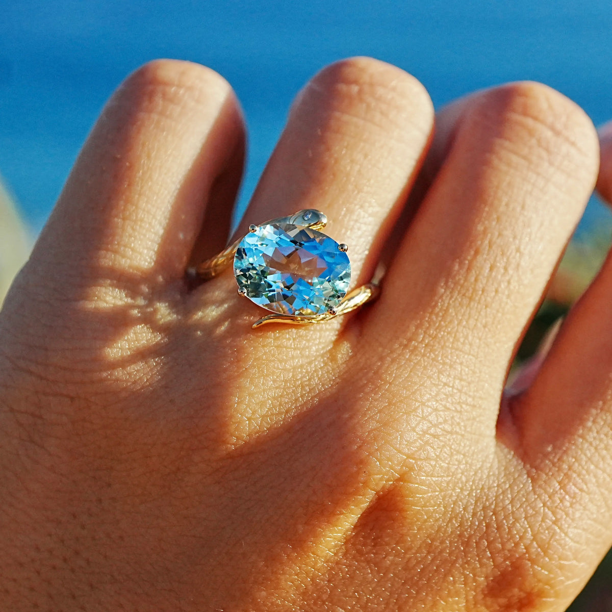 14k yellow gold Snake Protection 4.23 ctw AIGS Certified Natural Aquamarine & Diamond East-West Ring