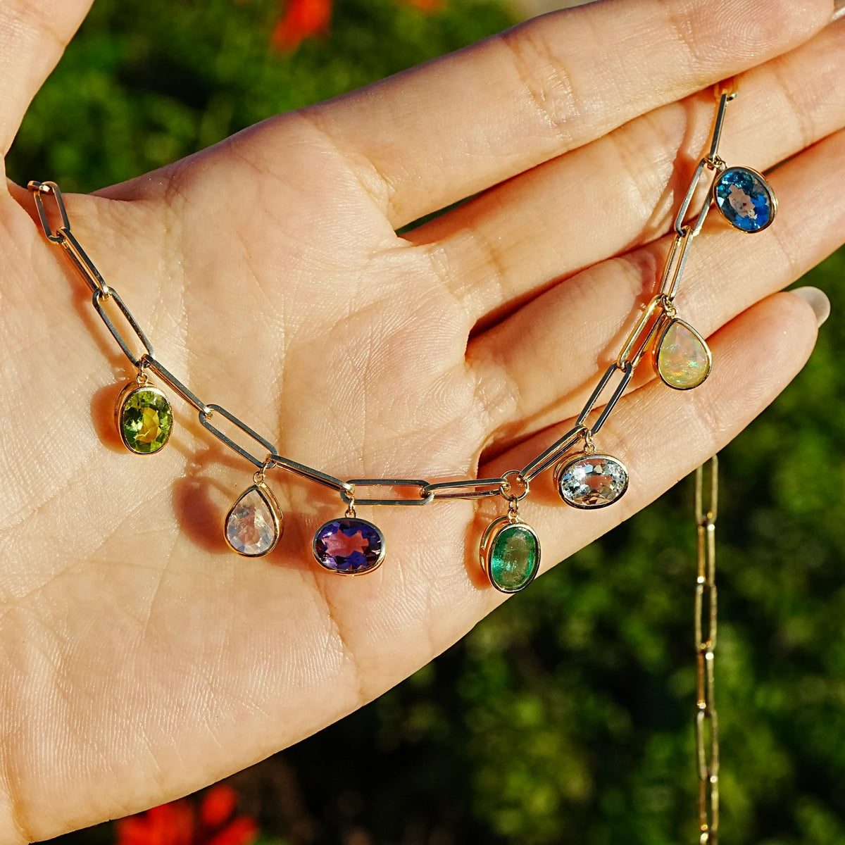 14k yellow gold Earthlight 8.40 ctw Natural Emerald & Aquamarine Seven-Gemstone Paperclip Chain Necklace (One-of-a-Kind)