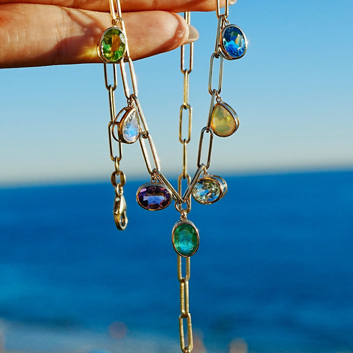 14k yellow gold Earthlight 8.40 ctw Natural Emerald & Aquamarine Seven-Gemstone Paperclip Chain Necklace (One-of-a-Kind)