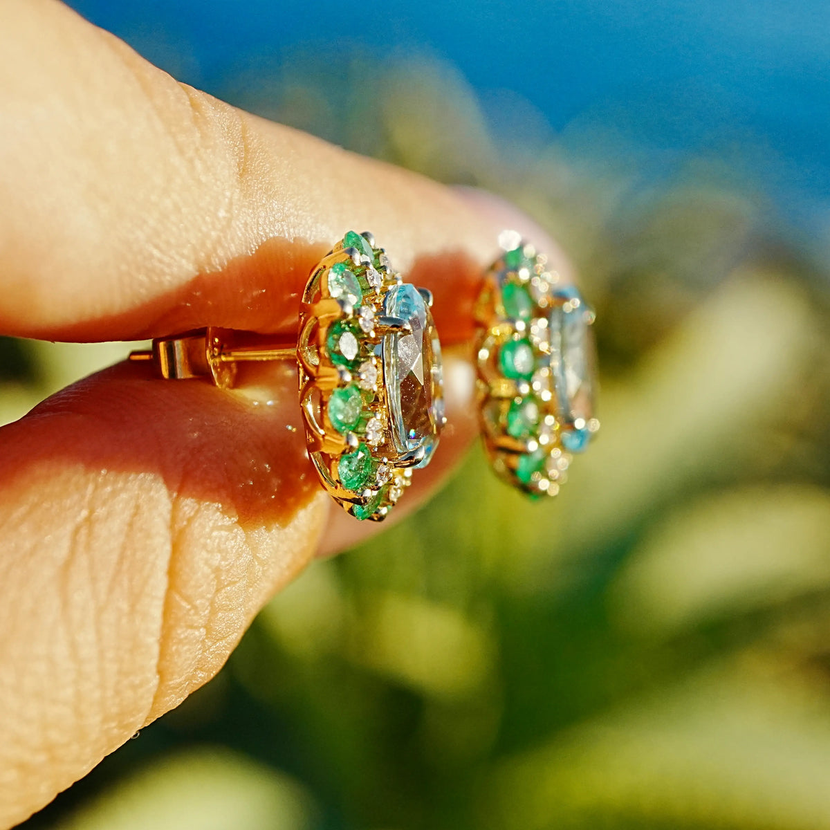 Belle Halo 5.72 ctw AIGS Certified Santa Maria Aquamarine, Emerald & Diamond Earrings (One-of-a-Kind)