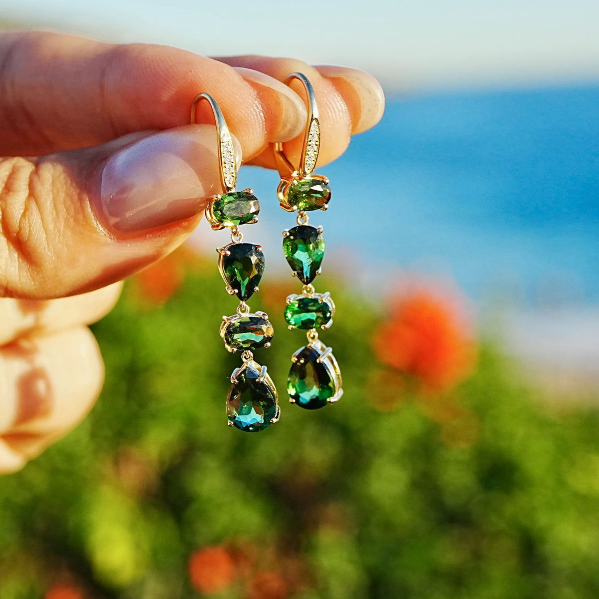 14k yellow gold Garden Melody 4.51 ctw Natural Green Tourmaline & Diamond Drop Earrings (One-of-a-Kind)