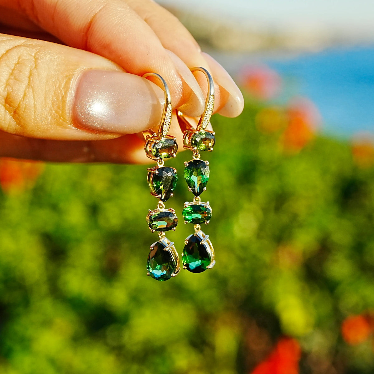14k yellow gold Garden Melody 4.51 ctw Natural Green Tourmaline & Diamond Drop Earrings (One-of-a-Kind)