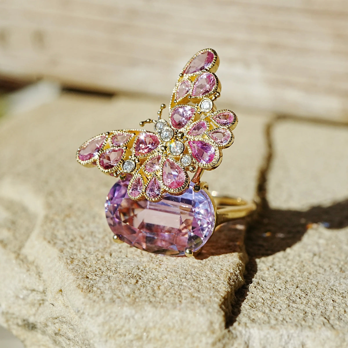 Nina Zhou x Kai Butterfly on Rock 13.89 ctw Natural Kunzite, Pink Sapphire & Diamond Ring (One-of-a-Kind) in 14k yellow gold 