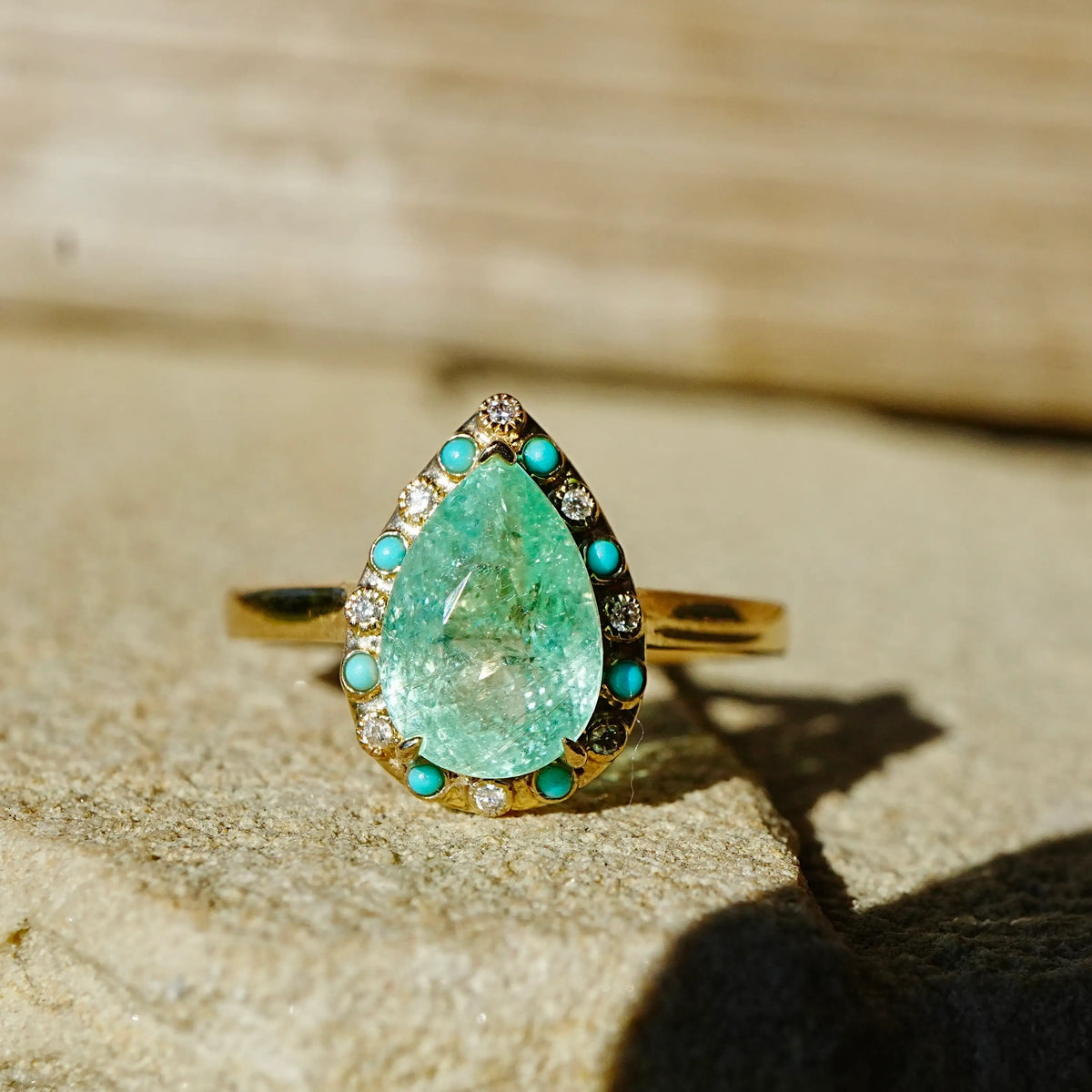 14k yellow gold Nina Zhou x Kai Tidal Laguna 2.41 ctw AIGS Certified Natural Paraiba Tourmaline, Turquoise & Diamond Ring (One-of-a-Kind)