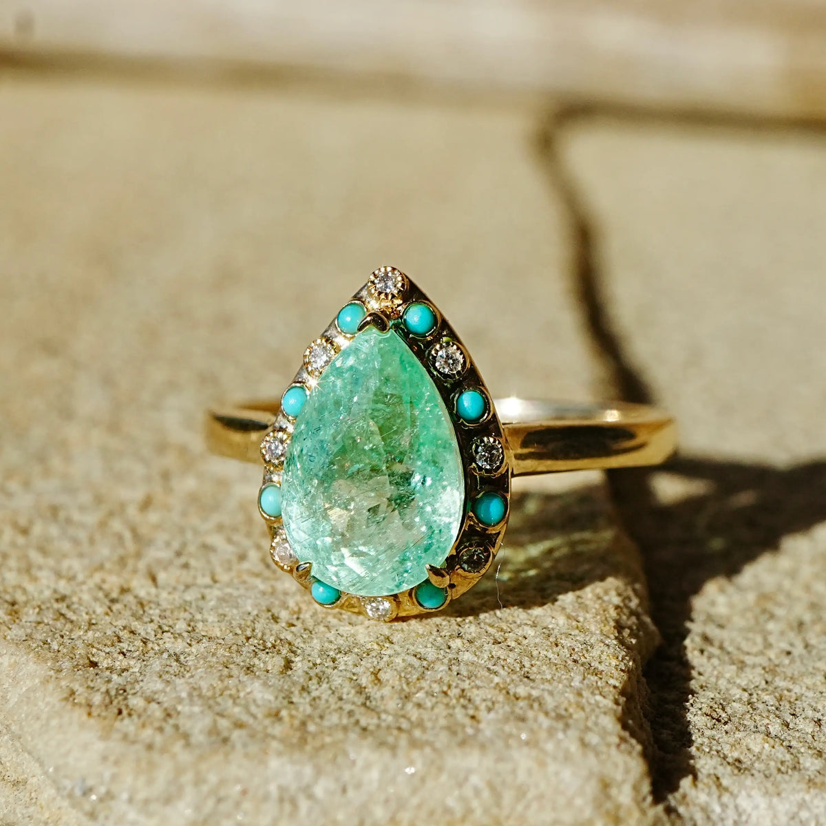 14k yellow gold Nina Zhou x Kai Tidal Laguna 2.41 ctw AIGS Certified Natural Paraiba Tourmaline, Turquoise & Diamond Ring (One-of-a-Kind)