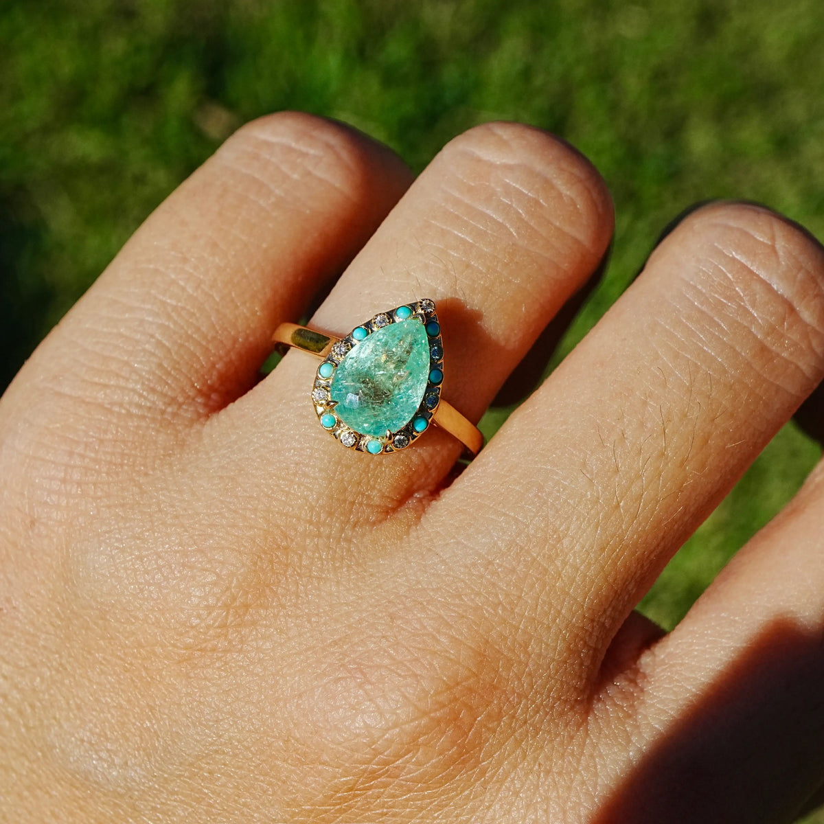 14k yellow gold Nina Zhou x Kai Tidal Laguna 2.41 ctw AIGS Certified Natural Paraiba Tourmaline, Turquoise & Diamond Ring (One-of-a-Kind)