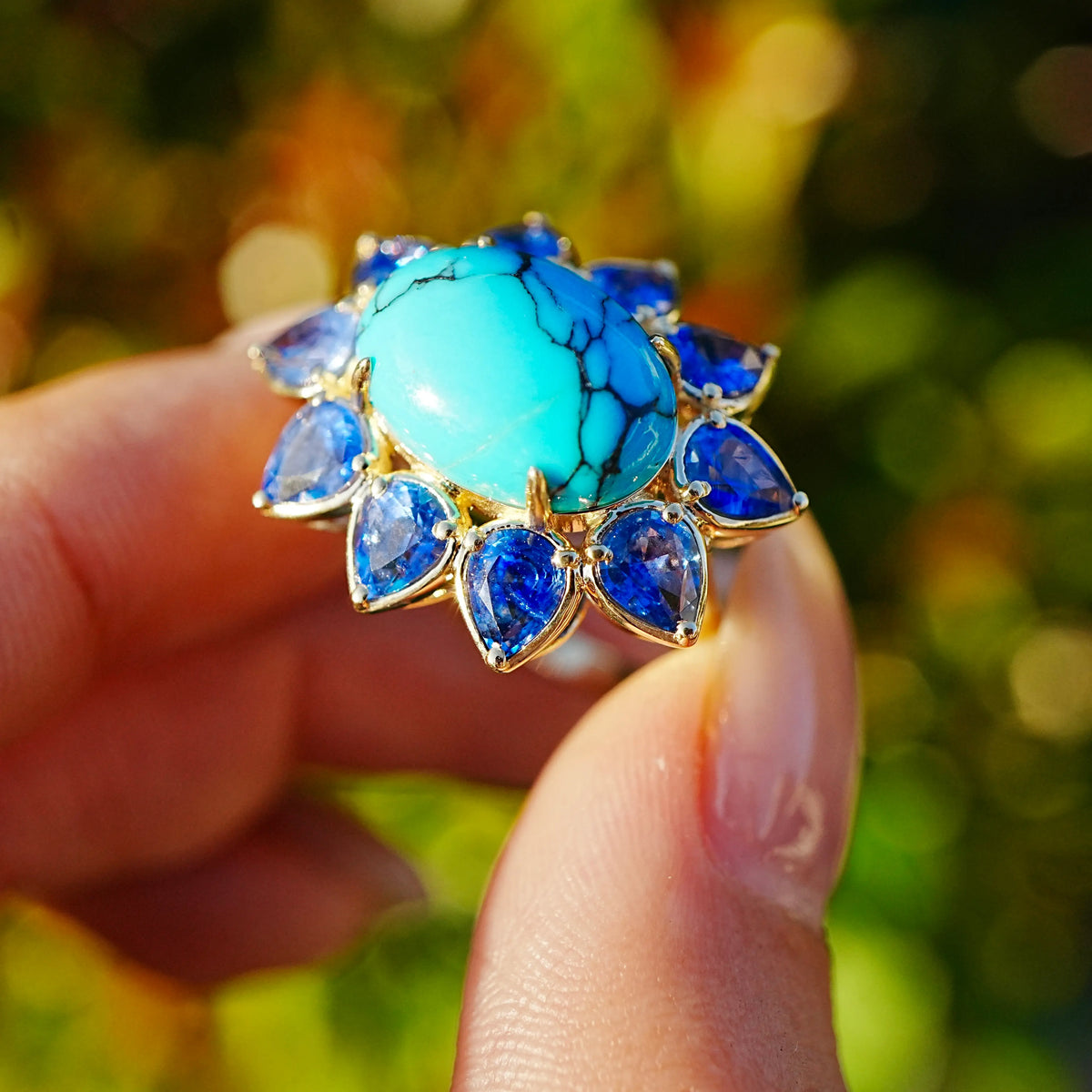 14k yellow gold Bloom Halo 7.01 ctw Natural Turquoise & Blue Sapphire East-West Ring (One-of-a-Kind)