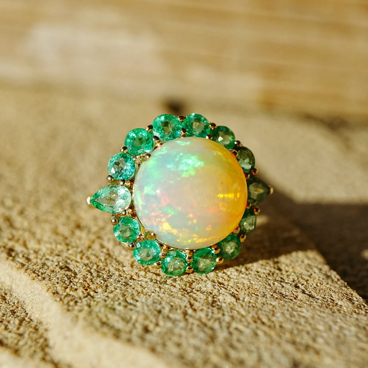 14k yellow gold Eden Halo 8.05 ctw Natural Opal & Emerald East-West Ring (One-of-a-Kind)