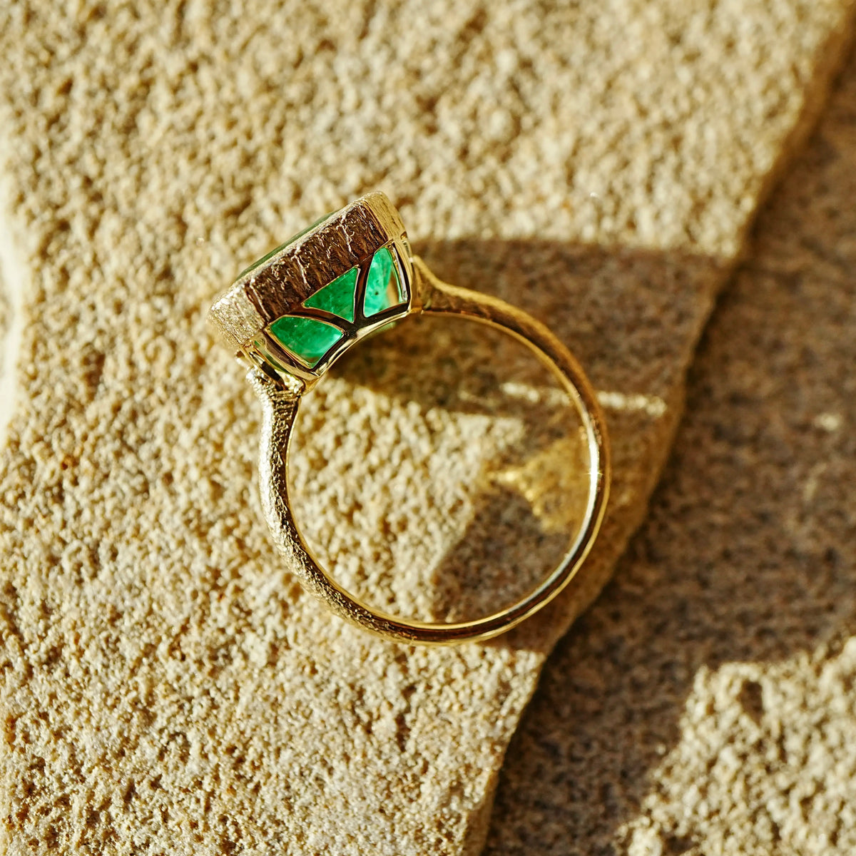14k yellow gold Aria Arch 4.53 ct Guild Certified Natural Emerald East-West Ring (One-of-a-Kind)
