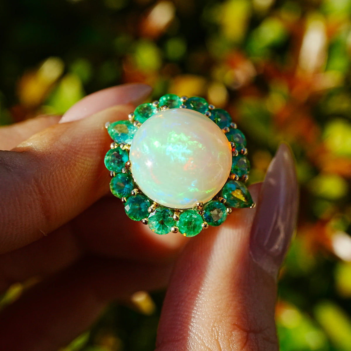 14k yellow gold Eden Halo 8.05 ctw Natural Opal & Emerald East-West Ring (One-of-a-Kind)