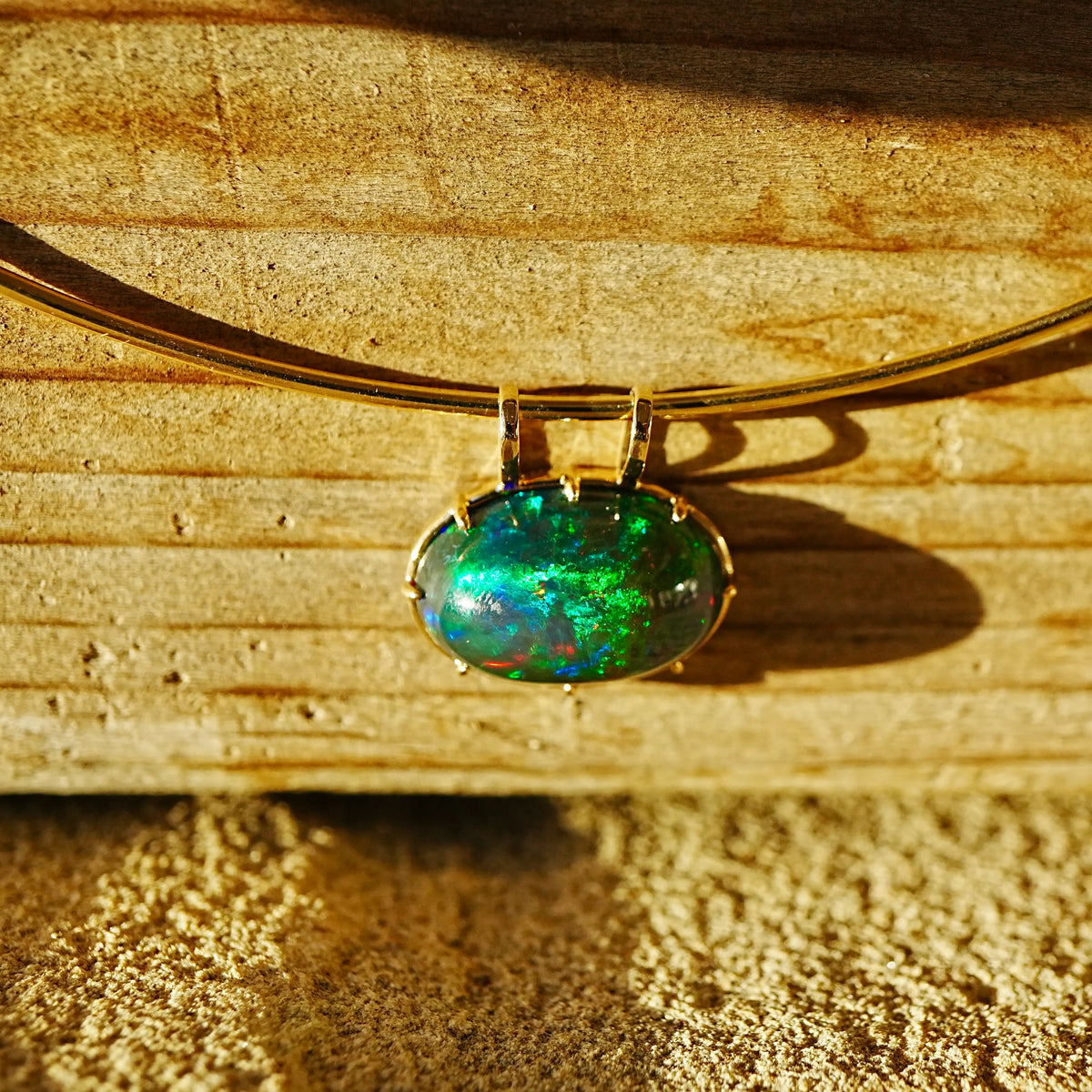 14k yellow gold Vivid Aura 8.35ct Natural Black Opal Collar Necklace (One-of-a-Kind)