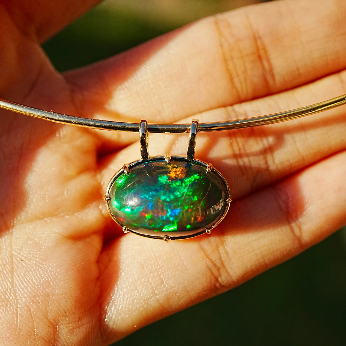 14k yellow gold Vivid Aura 8.35ct Natural Black Opal Collar Necklace (One-of-a-Kind)