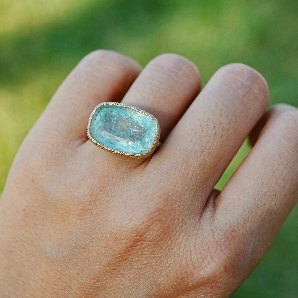 14k yellow gold Aria Arch AIGS Certified 9.47ct Natural Paraiba Tourmaline East-West Ring (One-of-a-Kind)