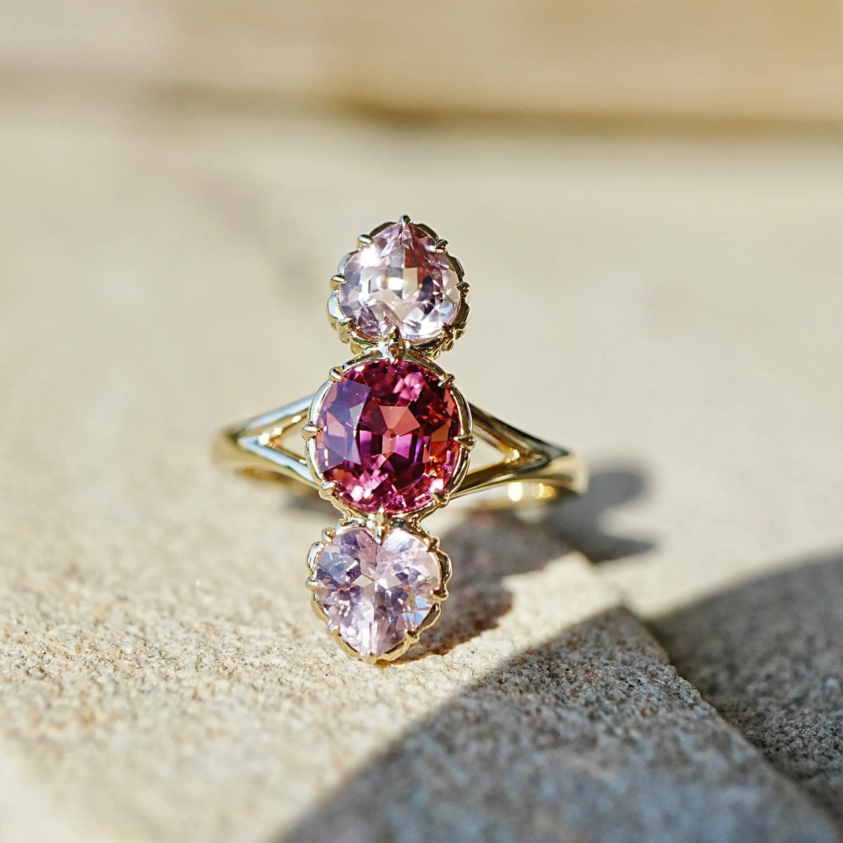 14k yellow gold Aurea 3.77 ctw Natural Rose Tourmaline Three-Stone Ring (One-of-a-Kind)
