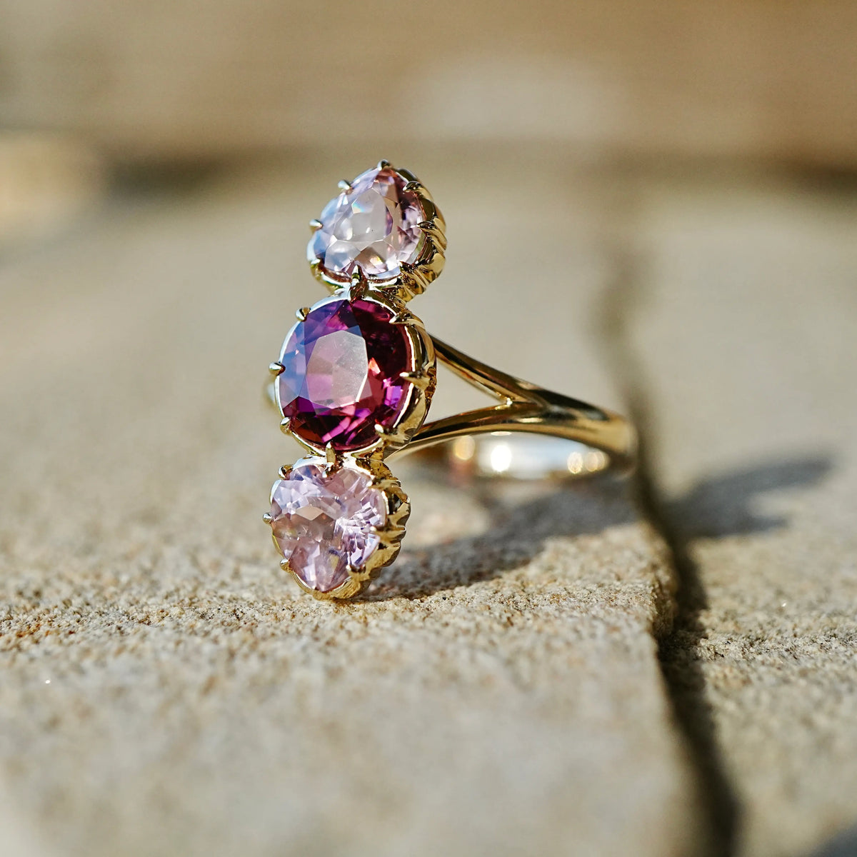14k yellow gold Aurea 3.77 ctw Natural Rose Tourmaline Three-Stone Ring (One-of-a-Kind)