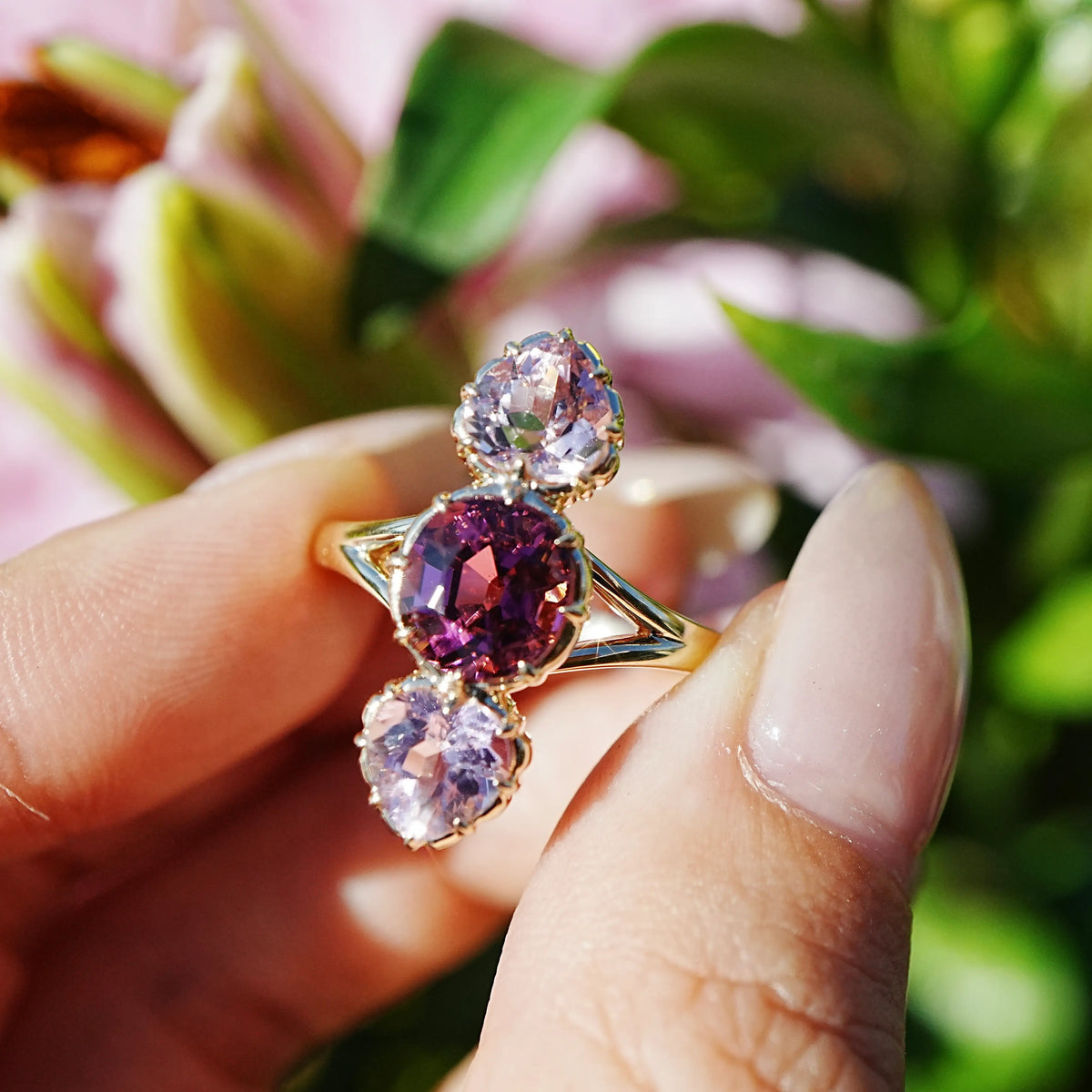 14k yellow gold Aurea 3.77 ctw Natural Rose Tourmaline Three-Stone Ring (One-of-a-Kind)
