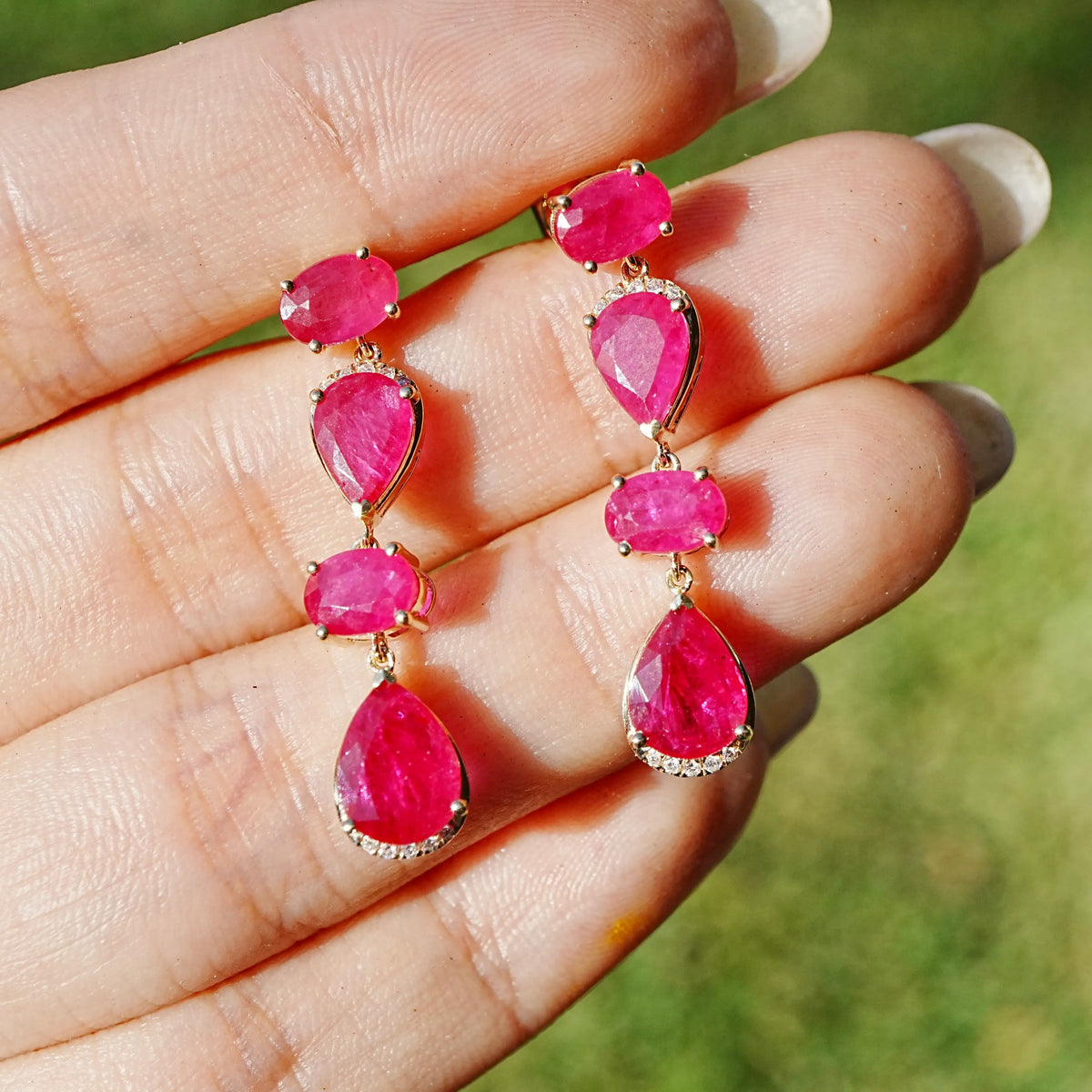 14k yellow gold Garden Melody 5.02 ctw Natural Ruby & Diamond Drop Earrings (One-of-a-Kind)