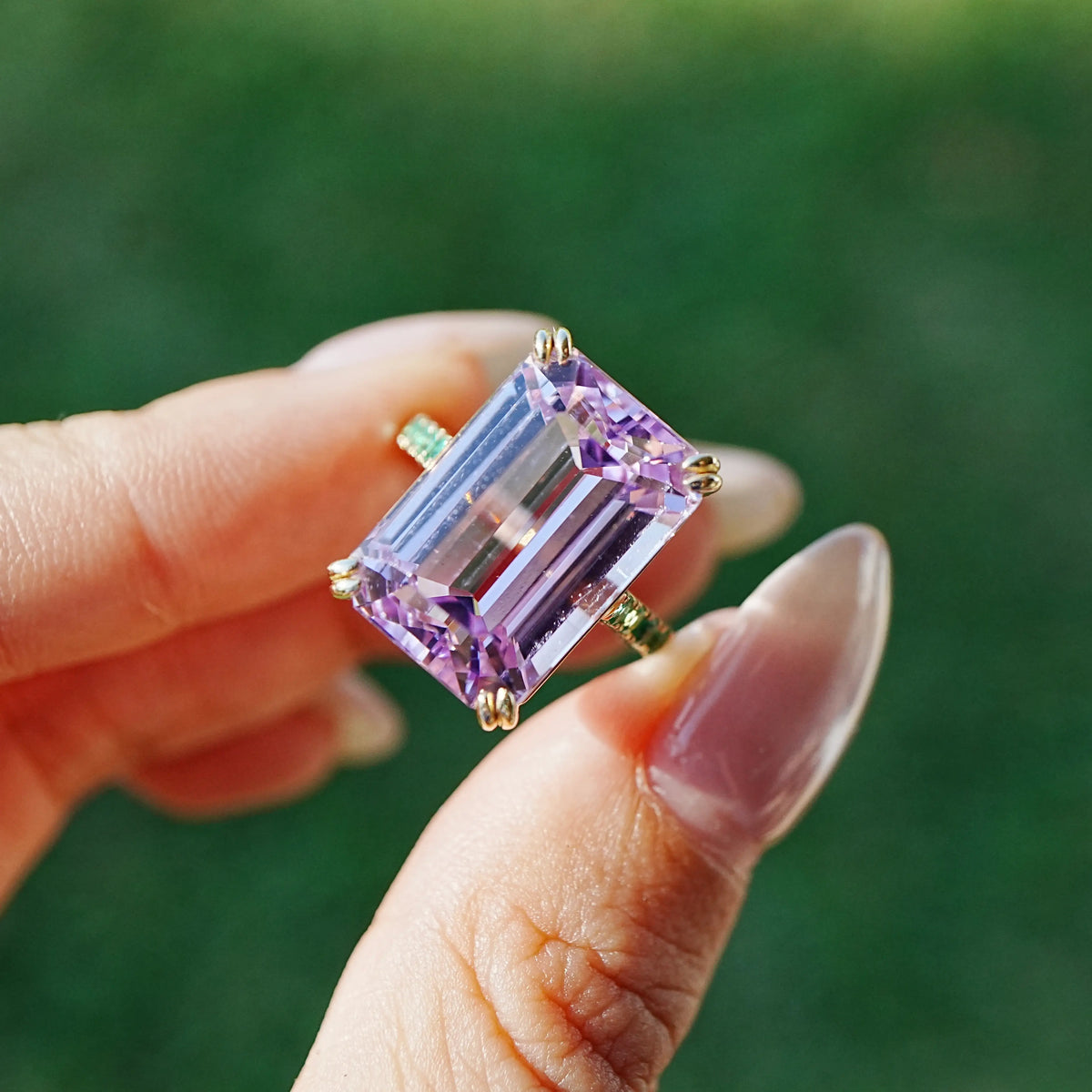 14k yellow gold Radiant 15.01 ctw Natural Kunzite & Emerald Ring (One-of-a-Kind)