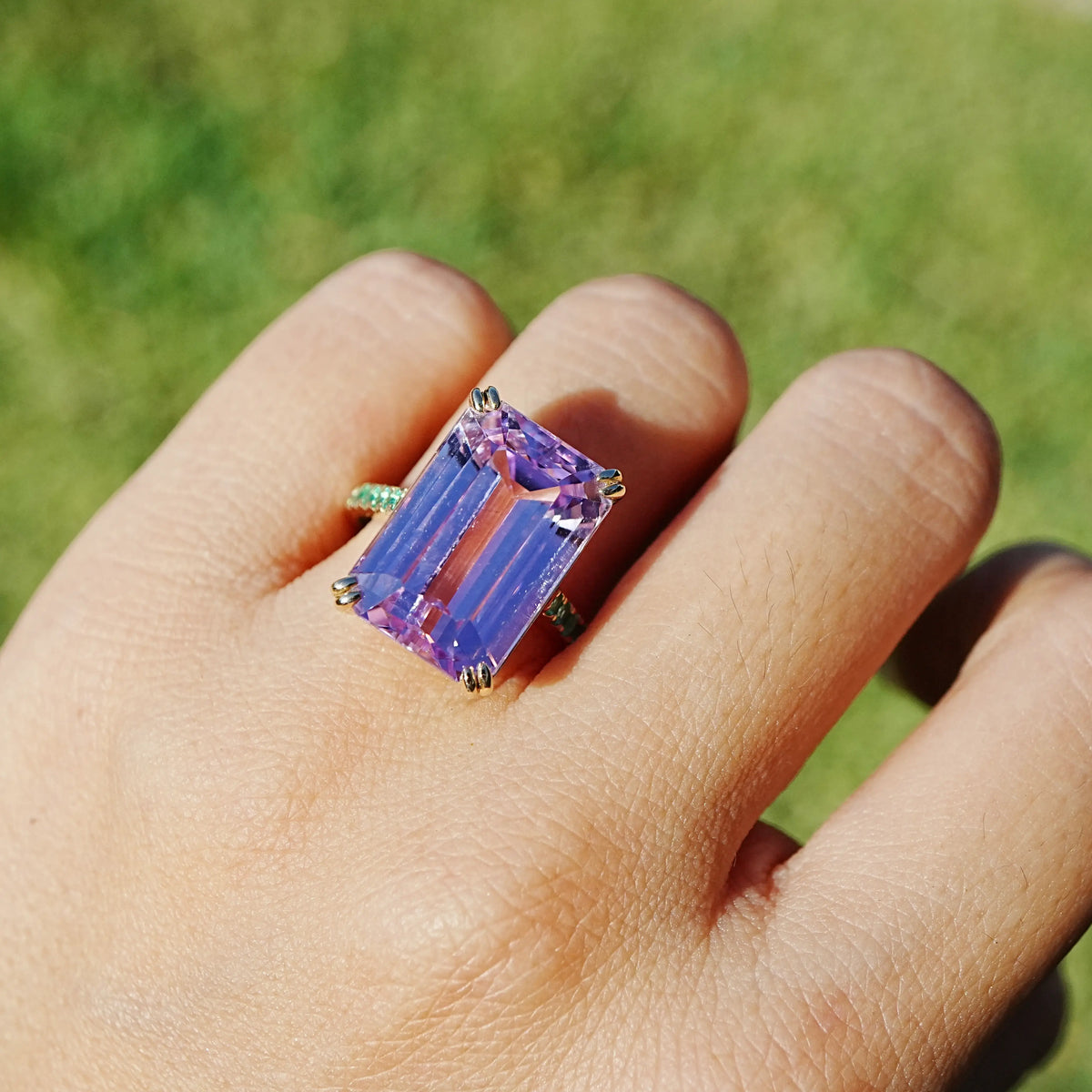 14k yellow gold Radiant 15.01 ctw Natural Kunzite & Emerald Ring (One-of-a-Kind)