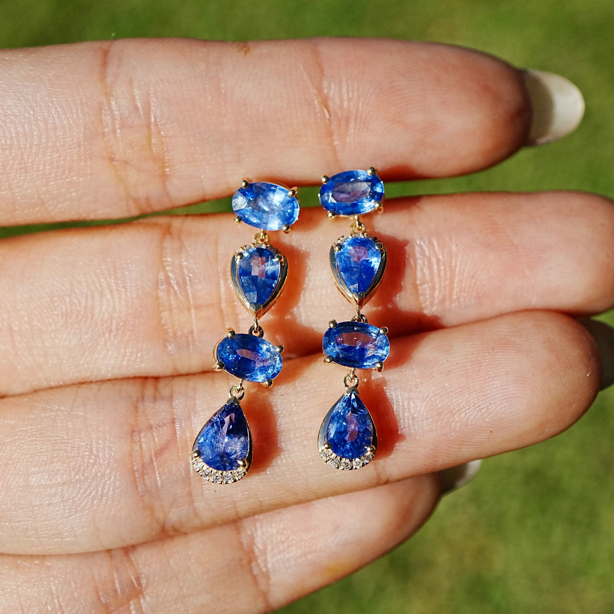 14k yellow gold Garden Melody 4.14 ctw Natural Blue Sapphire & Diamond Drop Earrings (One-of-a-Kind)