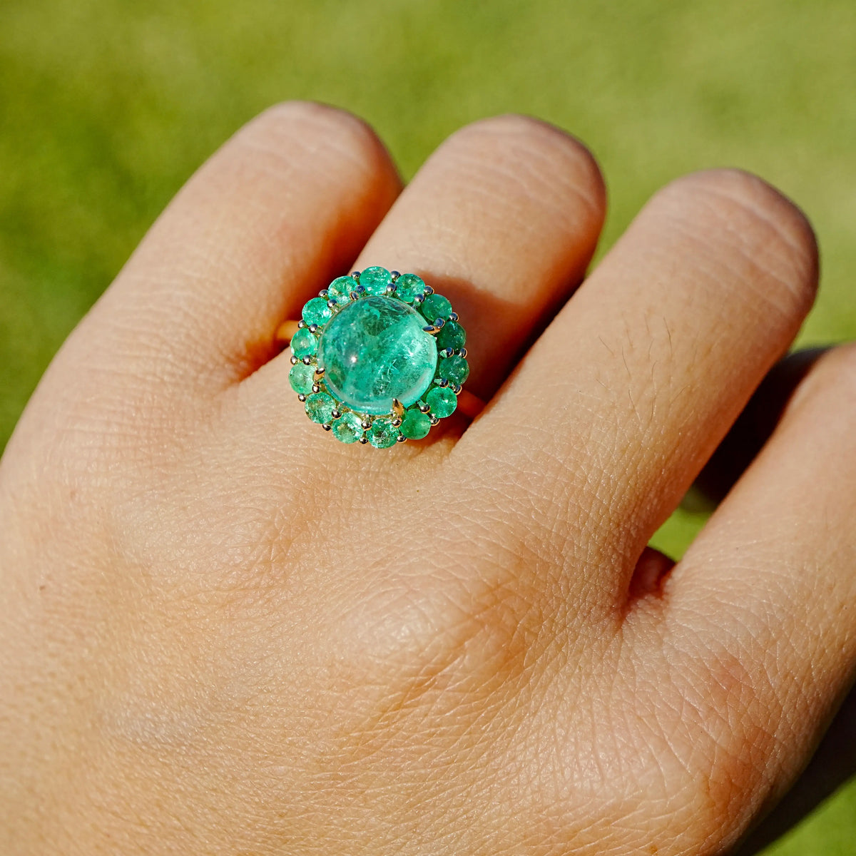14k yellow gold Eden Halo 4.60 ctw AIGS Certified Natural Colombian Emerald Ring (One-of-a-Kind)