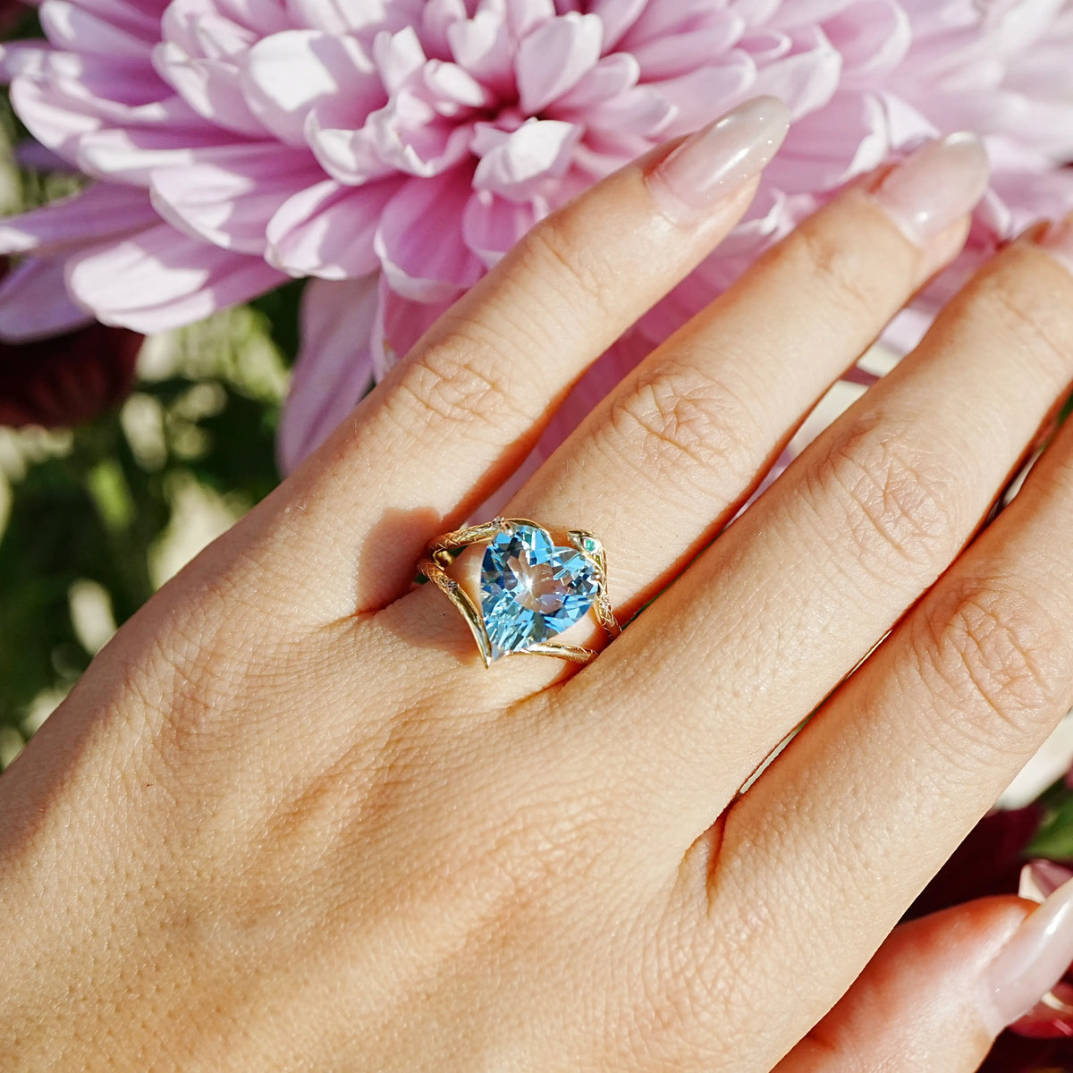 14k yellow gold Serpent Embrace 2.69 ctw Natural Heart Aquamarine, Emerald & Diamond Ring (One-of-a-Kind)