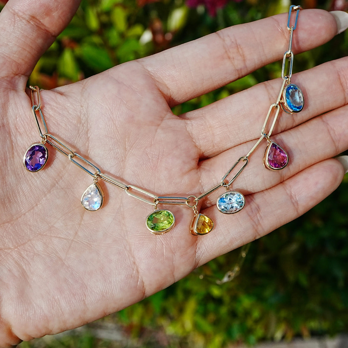 14k yellow gold Earthlight 7.32 ctw Natural Sapphire & Aquamarine Seven-Gemstone Paperclip Chain Necklace (One-of-a-Kind)