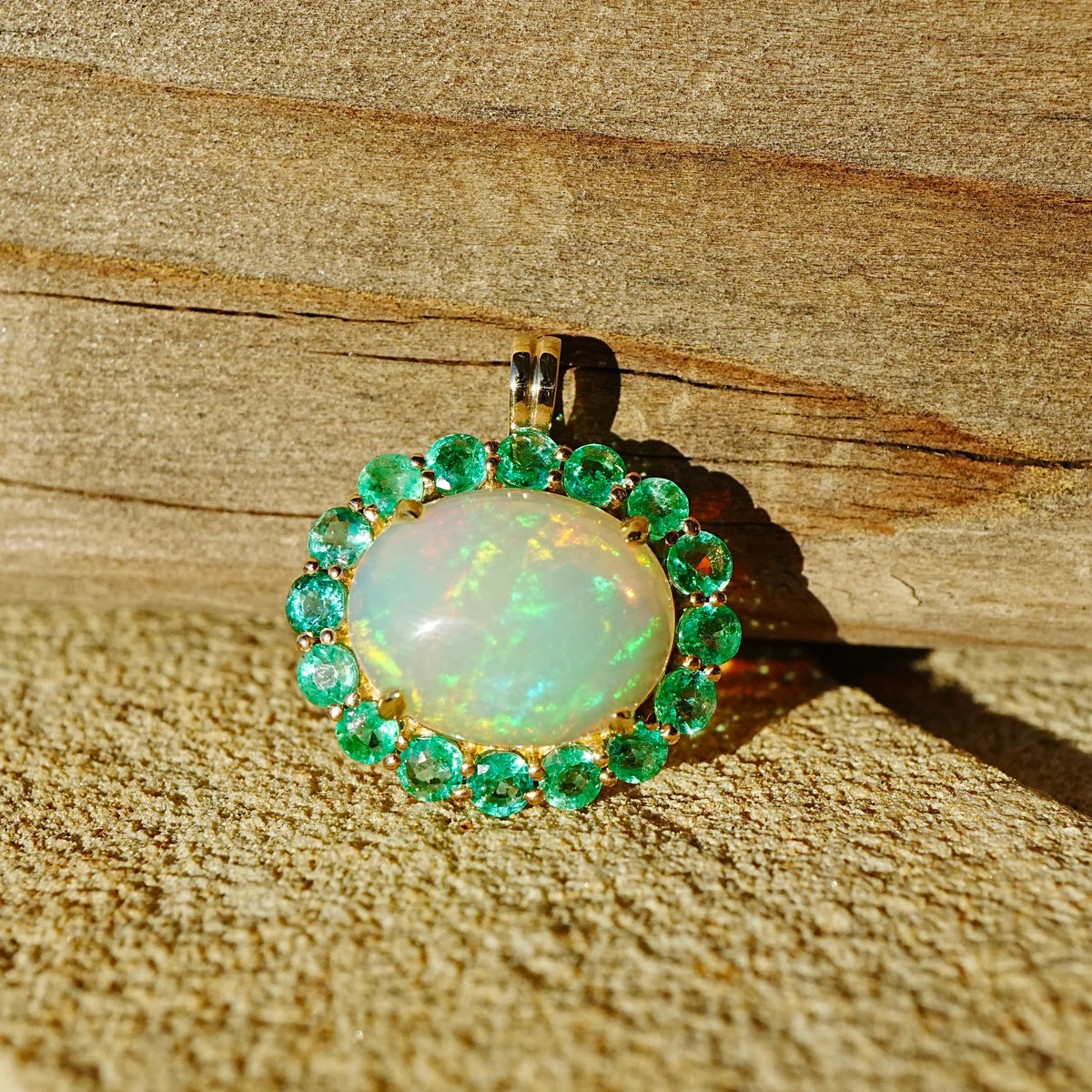 14k yellow gold Eden Halo 6.68 ctw Natural Opal & Emerald Diamond Lock Paperclip Chain Necklace (One-of-a-Kind)