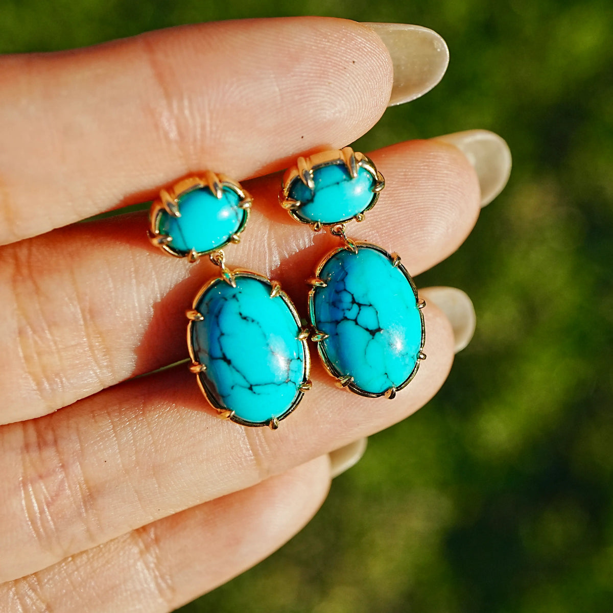 14k yellow gold Aurea 8.80 ctw Natural Turquoise Drop Earrings (One-of-a-Kind)