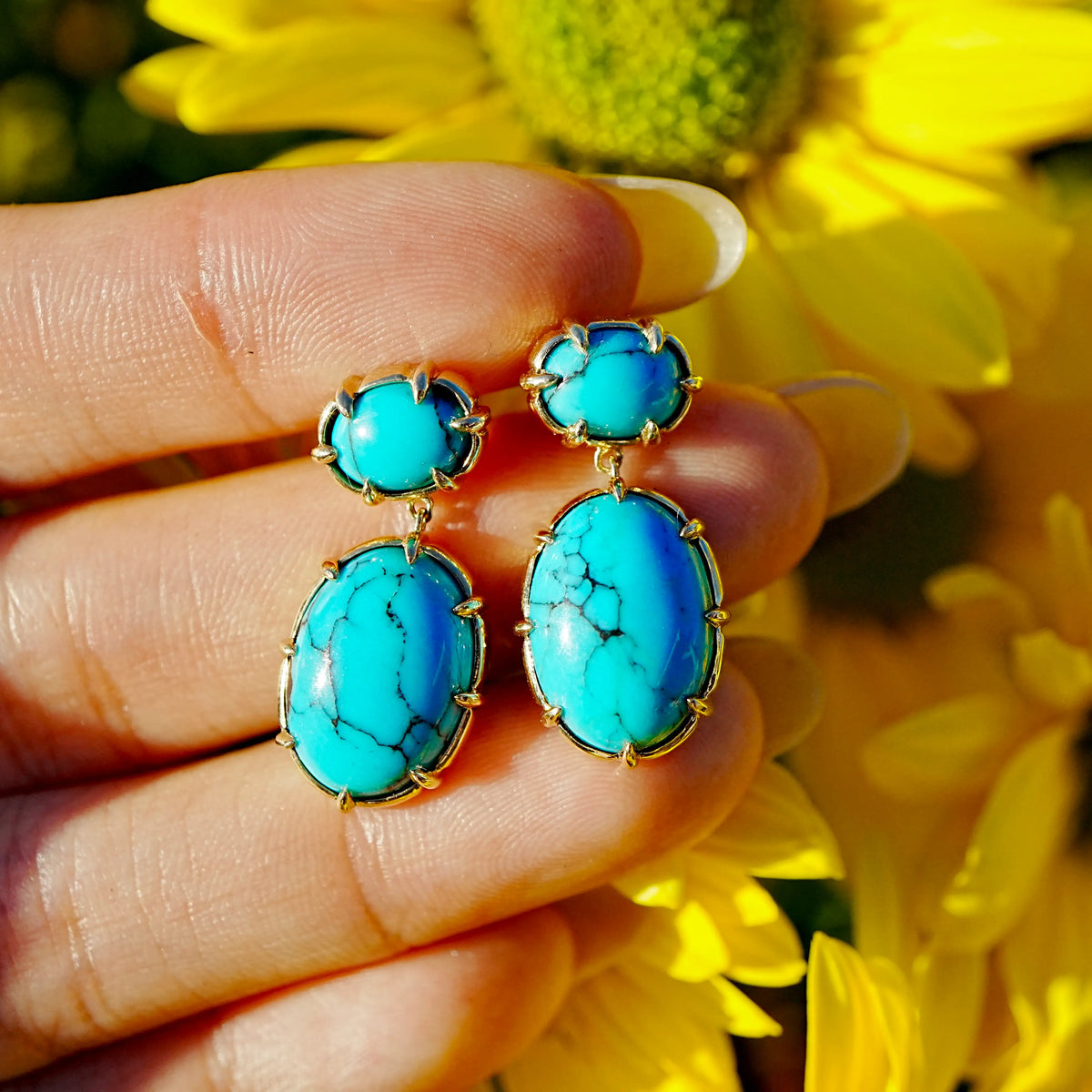14k yellow gold Aurea 8.80 ctw Natural Turquoise Drop Earrings (One-of-a-Kind)