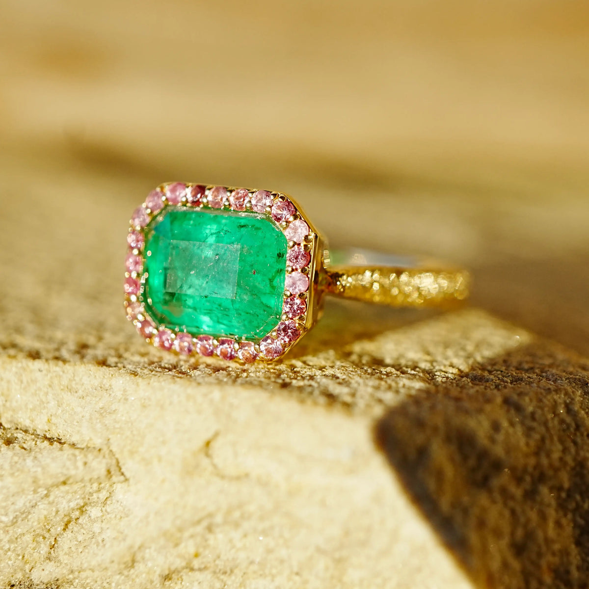 14k yellow gold Aria Arch 2.37 ctw Natural Emerald & Pink Sapphire East-West Ring (One-of-a-Kind)
