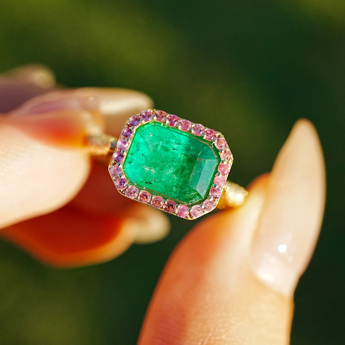 14k yellow gold Aria Arch 2.37 ctw Natural Emerald & Pink Sapphire East-West Ring (One-of-a-Kind)