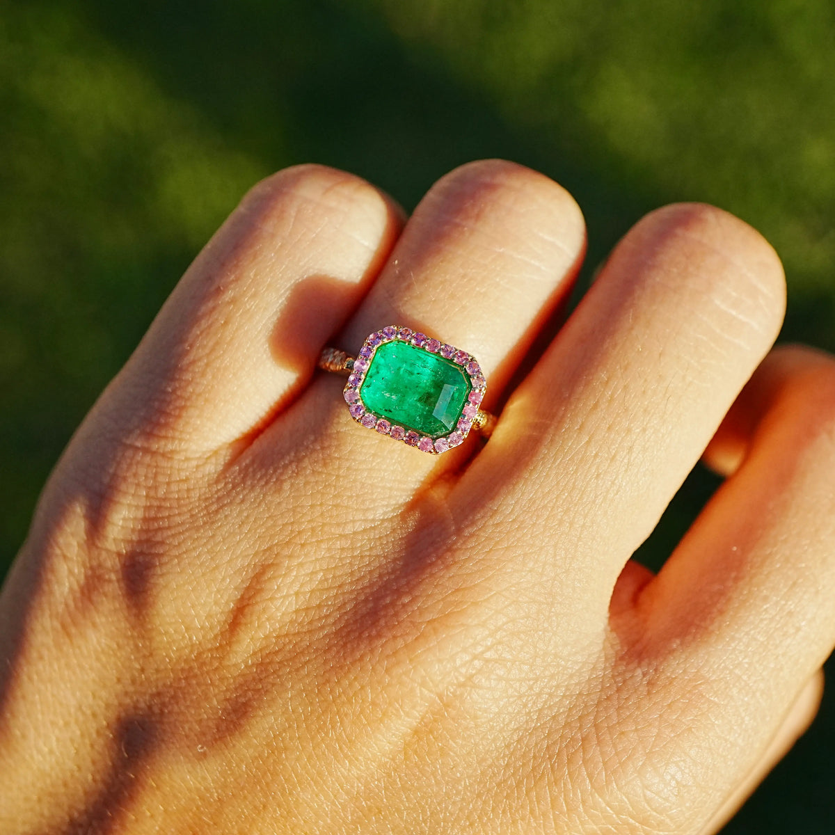 14k yellow gold Aria Arch 2.37 ctw Natural Emerald & Pink Sapphire East-West Ring (One-of-a-Kind)