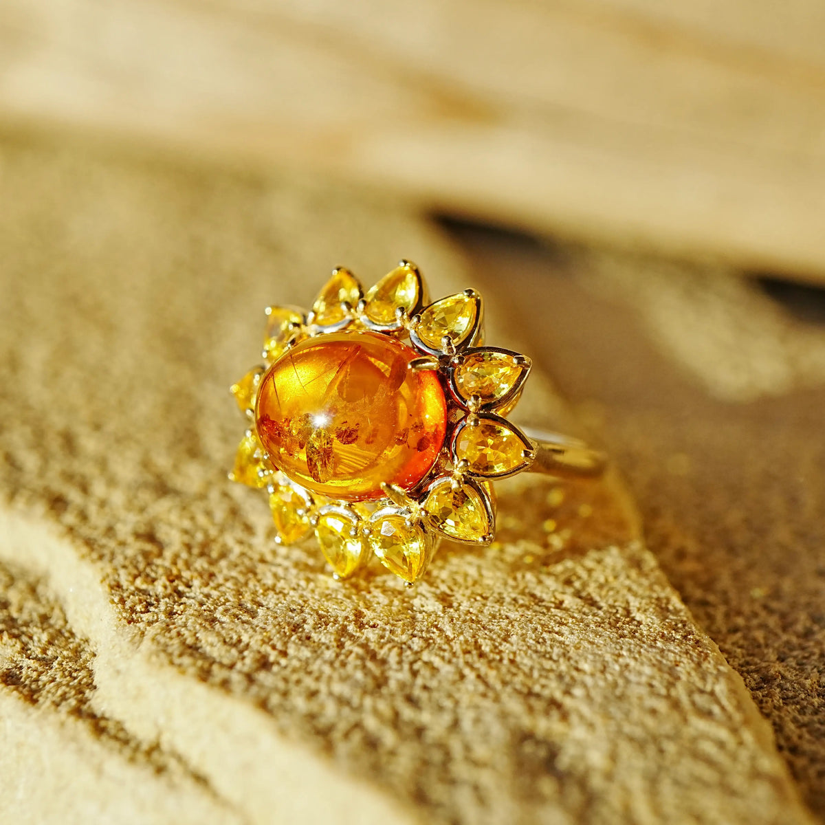 14k yellow gold Bloom Halo 3.82 ctw Natural Amber & Yellow Sapphire East-West Ring (One-of-a-Kind)