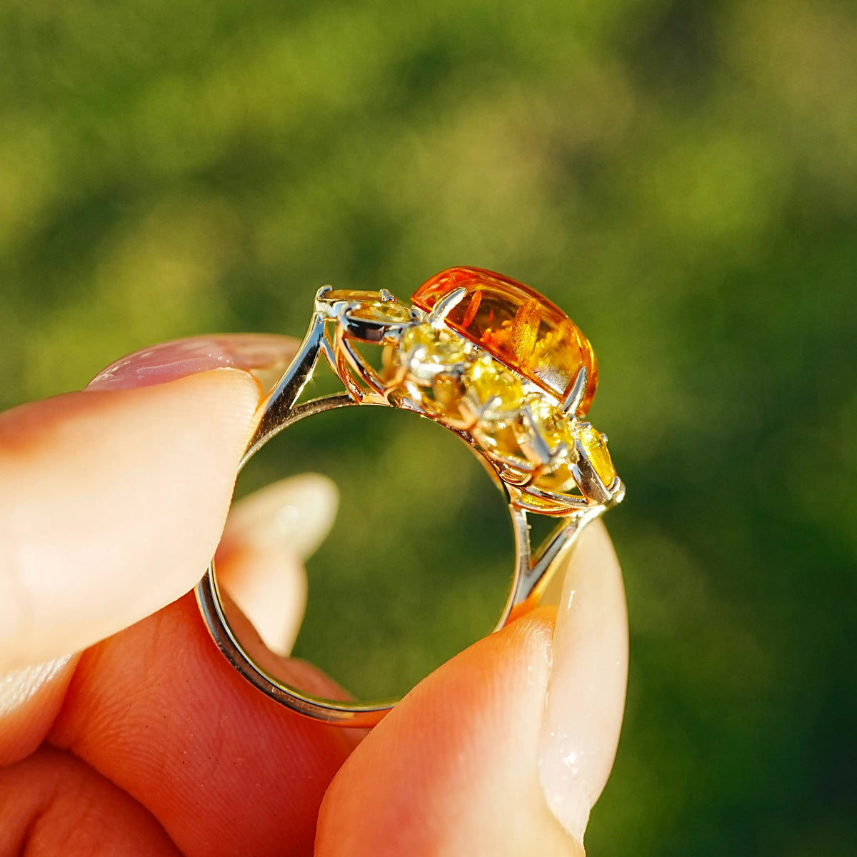 14k yellow gold Bloom Halo 3.82 ctw Natural Amber & Yellow Sapphire East-West Ring (One-of-a-Kind)